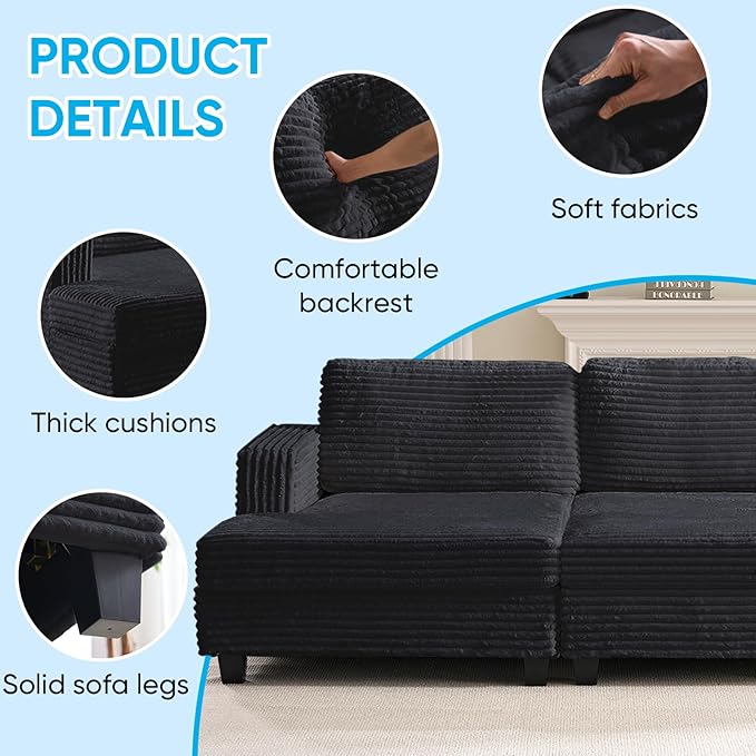 Mjkone 120 W Oversized Deep Seat Sofa Upholstered Corduroy 3 Seat Sofa Modular Sectional Couch with Wooden Frame Modern Sleeper Sofa Bed for Living Room Office Dark Grey