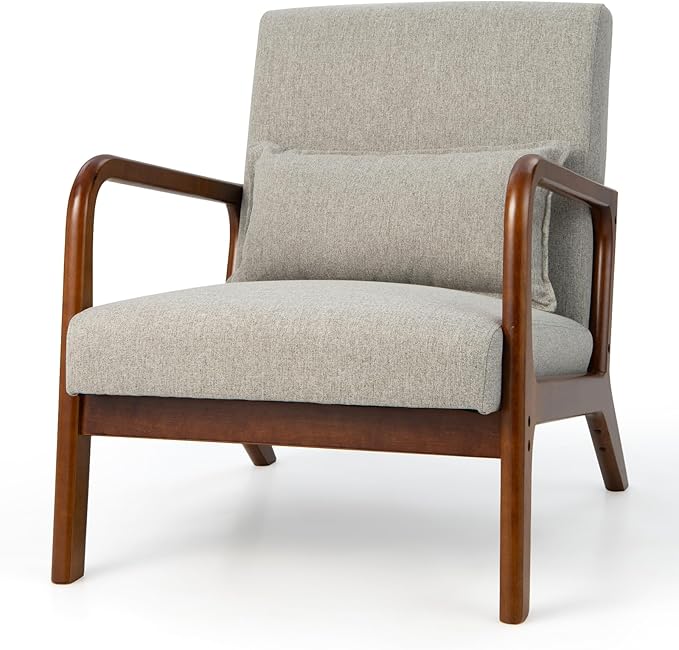 GORELAX Mid Century Modern Accent Chair Upholstered Lounge Armchair with Wood Frame &amp Lumbar Pillow Comfy Reading Chair for Living Room Bedroom Office (1 Grey)