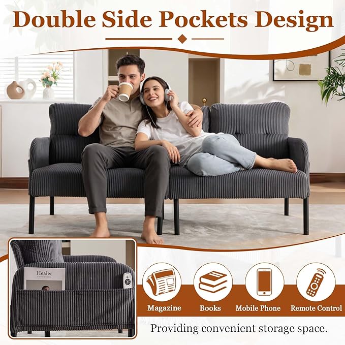 Loveseat Sofa 67” Small Sofa Couch for Living Room Comfy Corduroy Fabric Love Seat for Bedroom with Throw PillowRemovable Cushion CoverCouches for Small SpaceApartmentDorm (Gray)