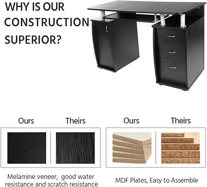 Kiwifruit Office Desk Computer Table Study Writing Desk Workstation Sturdy MDF Board w/Storage for Home Office 45 inch W x 22 inch D x 29 inch H Black