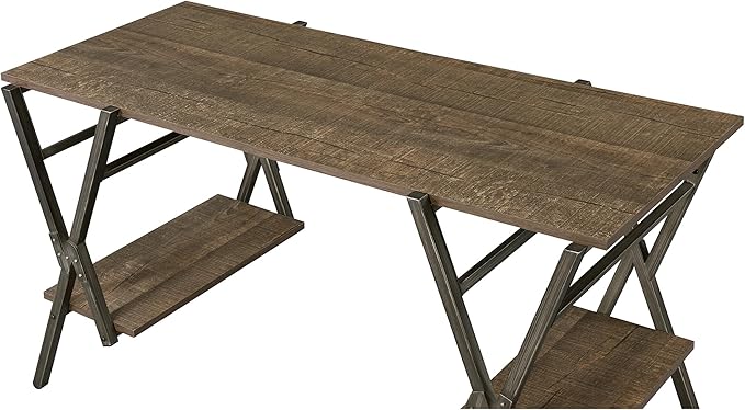 24/7 Shop at Home Hoyte Farmhouse 2 Shelves Metal Writing Desk with USB Port Power Outlet for Workstation Home Office Study Room Rustic Brown and Gun Metal