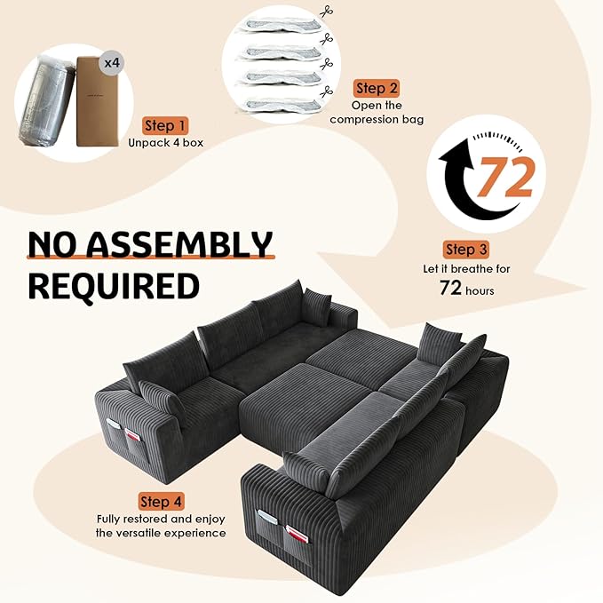 146 Oversized Boneless Couch Modular Sectional Couches for Living Room U-Shaped Deep Seat Chaise with Side Pockets No Assembly Required Plush Corduroy Fabric Sleeper Sofa Dark Gray
