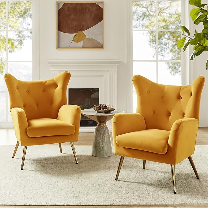 HULALA HOME Velvet Accent Chair Modern Wingback Arm Chair with Metal Gold Legs Velvet Tufted Upholstered Single Sofa Chair for Living Room Bedroom (Mustard)