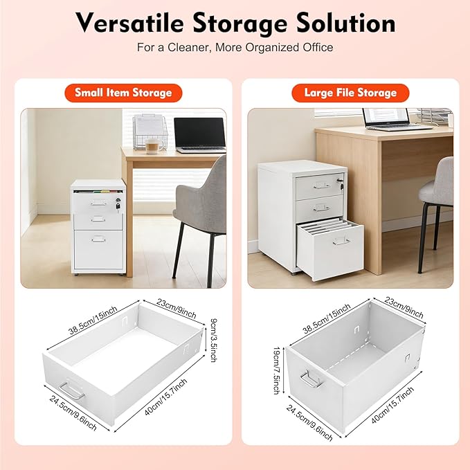 3-Drawer Metal File Cabinet Mobile File Cabinet with Lock Rolling Vertical Filing Drawers Under Desk for Home Office 11 * 16 * 18.3in (White)