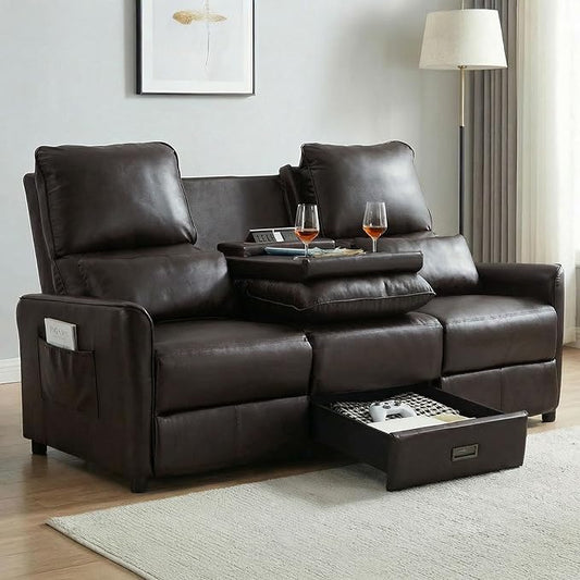 MANBUR 74 RV 3 Seater Recliner Sofa with Flip Backrest &amp Drawer Manual Reclining Couch with USB Ports AC Outlets &amp Cup Holders for RV Living Room Home Theater Seating PU Brown