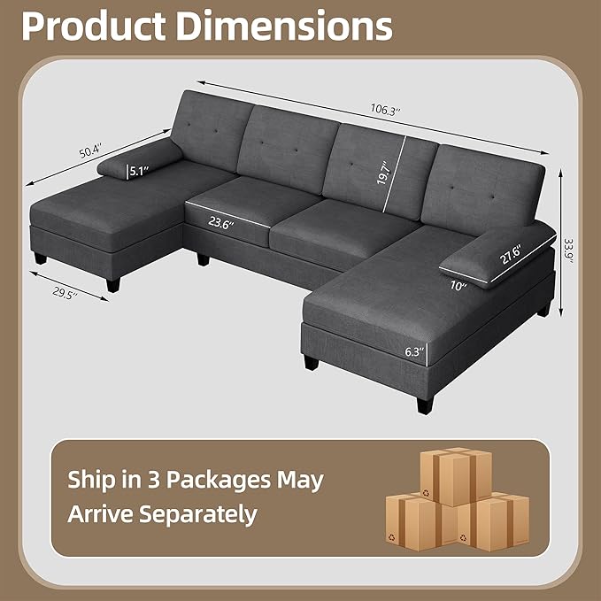 Walsunny Sectional Couches for Living Room Convertible U-Shaped Sofa Couch with Double Chaise 4 Seat Sofa Set Modular Sectional Sofa for Living Room Apartment Bedroom Black