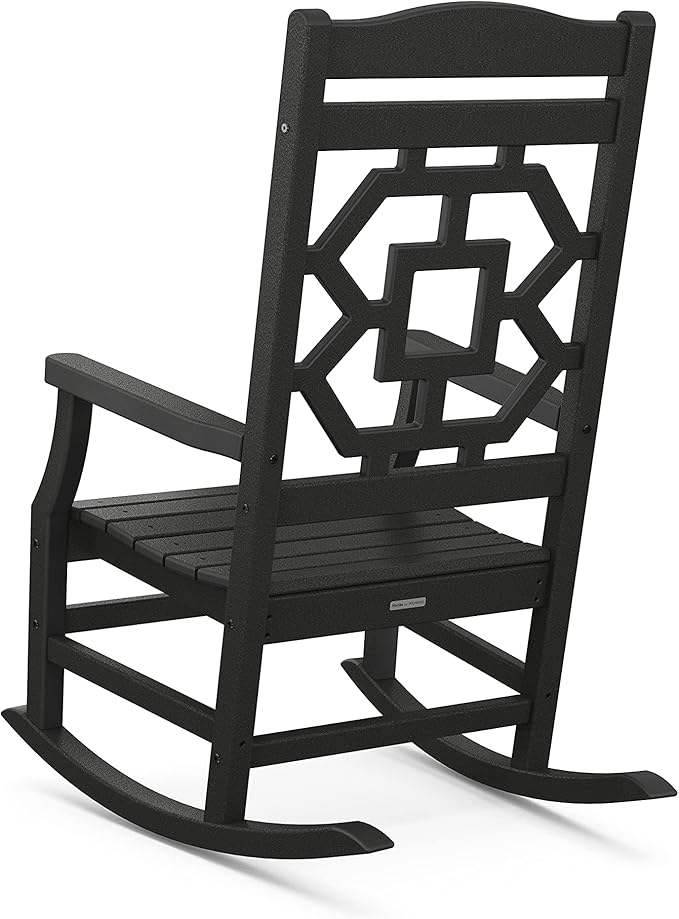 Martha Stewart by POLYWOOD Chinoiserie Outdoor Rocking Chair Black Durable HDPE All-Weather Patio Furniture with Decorative Lattice Classic Porch Rocker for Deck Garden &amp Backyard Made in the