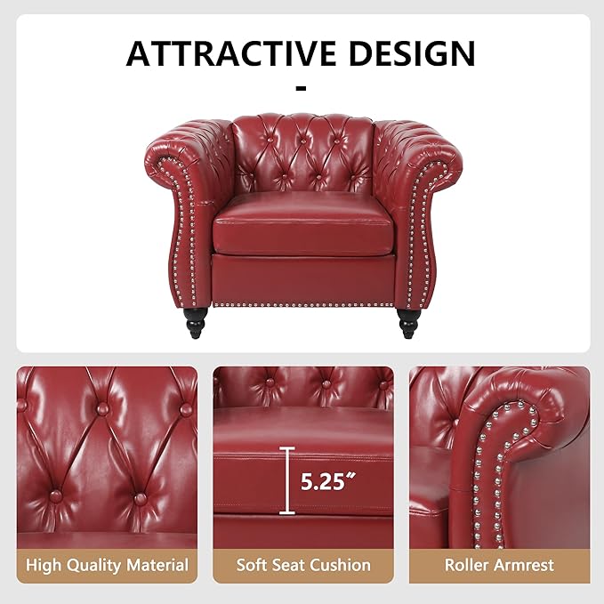 AVZEAR Leather Upholstered Armchair Single Sofa Chair with Rolled Arms and Nailhead Mid-Century Modern Tufted PU Chesterfield Chair for Living Room Bedroom Office Apartment Claret