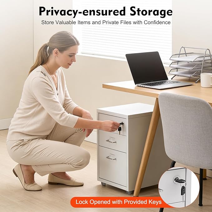 3-Drawer Metal File Cabinet Mobile File Cabinet with Lock Rolling Vertical Filing Drawers Under Desk for Home Office 11 * 16 * 18.3in (White)