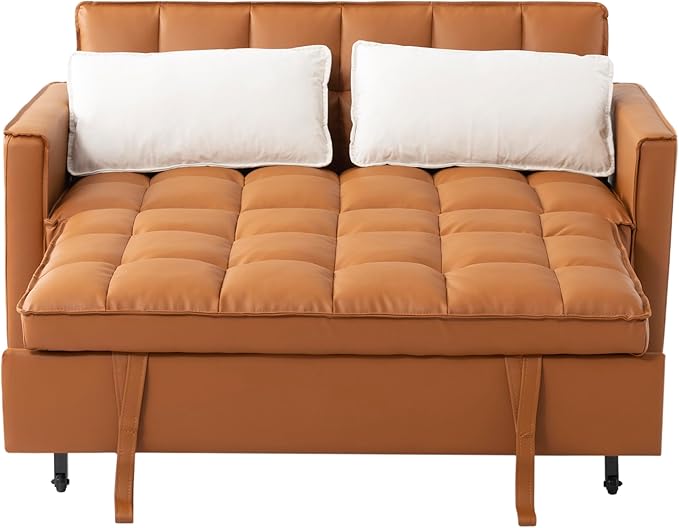 3 in 1 Convertible Sofa Bed Love Seat Sleeper Bed with Side Pockets PU Fabric Pull Out Couch with Adjustable Backrest for Living Room Bedroom Apartment Brown