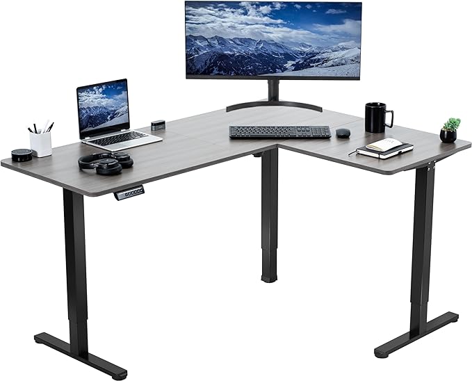 VIVO Corner Standing Desk 63 x 47 inch Reversible L-Shaped Workstation Electric Height Adjustment Home Office and Reception Rooms Dark Gray Table Top Black Frame DESK-E3CTG-47