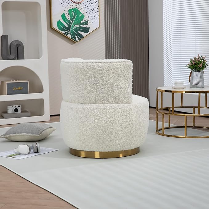 Swivel Barrel Chair White Teddy Modern Accent Chair Round Upholstered Comfy Side Chair Sherpa Chair with Gold Base for Nursery Living Room Bedroom Office Waiting Room Hotel White