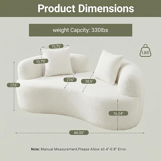 67”Curved Loveseat for Living Room Deep Seat Cloud Loveseat with 2 Throw Pillows Modern Loveseat Adopt Teddy Fabric for Small Spaces The Love Seat Couch No Assembly Needed White Loveseat