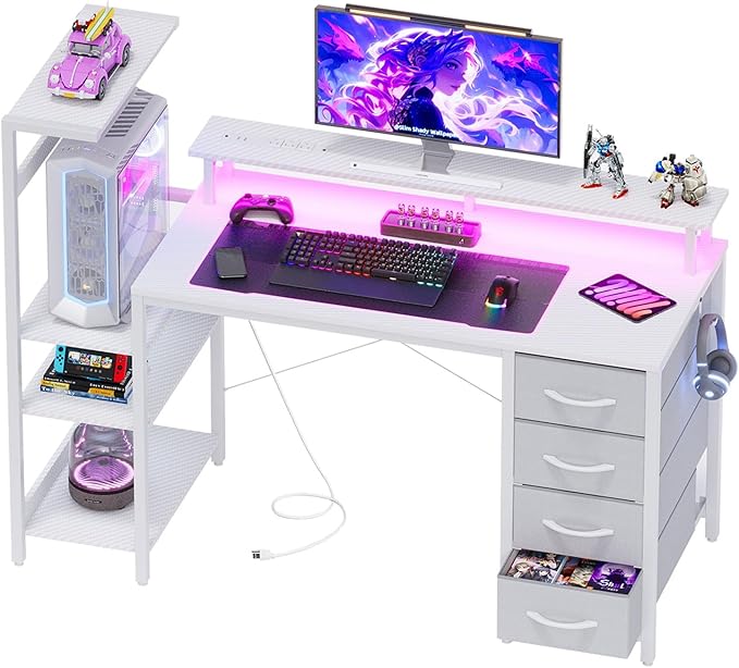 51 Inch Gaming Desk with Power Outlet and LED Lights Computer Desk with 4 Drawers &amp Storage Shelves Reversible Home Office Desk with Monitor Stand for Small Space Bedroom Carbon Fiber White