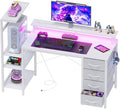 51 Inch Gaming Desk with Power Outlet and LED Lights Computer Desk with 4 Drawers &amp Storage Shelves Reversible Home Office Desk with Monitor Stand for Small Space Bedroom Carbon Fiber White
