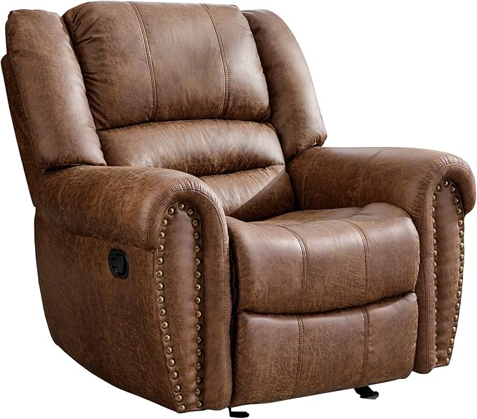 CANMOV Rocker Recliner Chair Leather Recliner Chair with Overstuffed Backrest and Armrests Manual Single Sofa for Living RoomBedroom Nut Brown