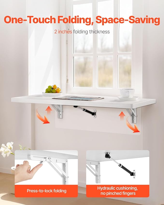 VEVOR Wall Mounted Folding Table 47.2 x 19.7 inches Wall Mount Table Floating Desk with Iron Bracket Fold Down Desk for Small Spaces Home Office Dining Laundry Room Kitchen Bar White