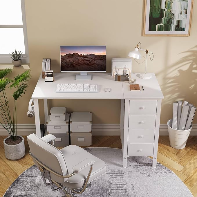 DLisiting 47 inch Desk Fabric Drawers - White Office Vanity Modern Cute PC Writing White Desk with Storage for Bedroom Home Office Computer Desks for Girls Teens Childrens