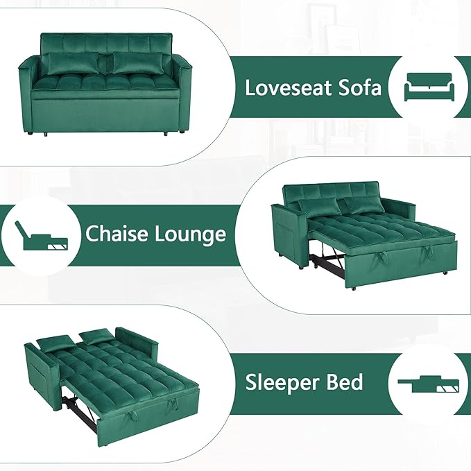 54 Convertible Sofa Bed Velvet Sleeper Sofa with Pull-Out Bed 3-in-1 Futon Couch with Reclining Backrest and Side Pocket Modern Loveseat for Living Room (Dark Green)