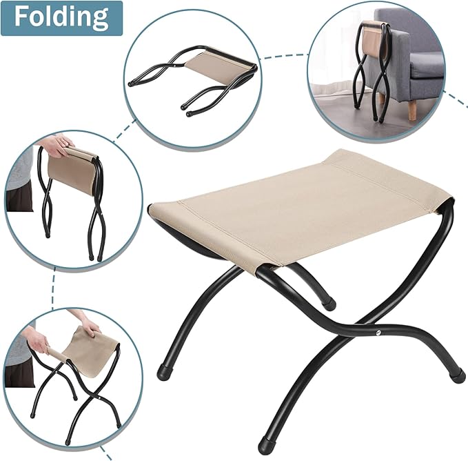 15 Foldable Foot Stool Ottoman with Metal Frame - Washable Blue Upholstered Indoor/Outdoor Footrest for Living Room Bedroom Patio - Space-Saving Compact Design