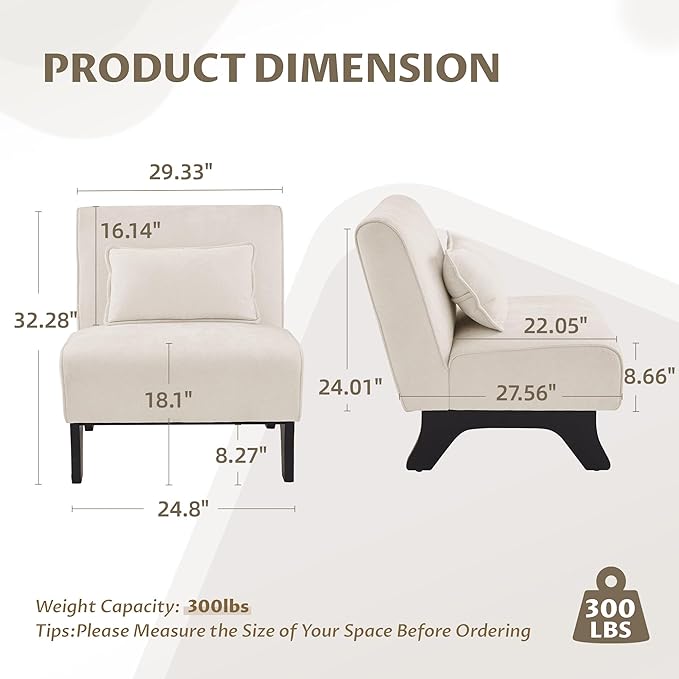 Upholstered Armless Accent ChairModern Comfy Living Room Chairs with Wooden Legs&amp PillowsLounge Sofa Side Corner Chair for Bedroom Farmhouse Reading (Beige 1 PC)