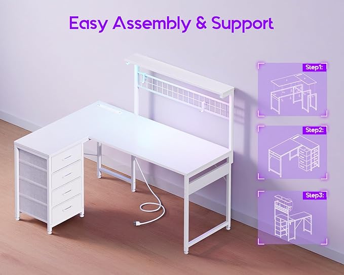 MOTPK 43” L Shaped Gaming Desk for Small Rooms Compact Corner Computer Table with Shelf &amp Hutch 4 Drawers Reversible Study Table with LED Light Power Outlets &amp USB Ports Home Office Table