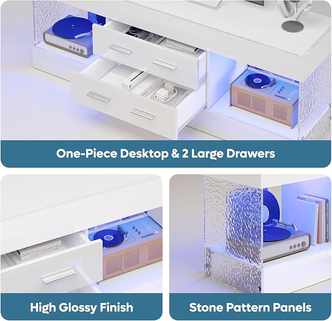 Bestier Modern 60 Inch TV Stand for 65/60/55+ TV High Gloss White Entertainment Center with 2 Drawers &amp LED Lights Stone-Pattern Side Panels TV Consoles for Living Room Bedroom