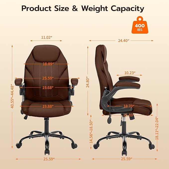 Office Desk Chair Ergonomic Computer Chair with Padded Flip-Up Arms and Adjustable Lumbar Support PU Leather Executive Chair with Tilt Lock and 360° Swivel Rolling Wheels for Work Study