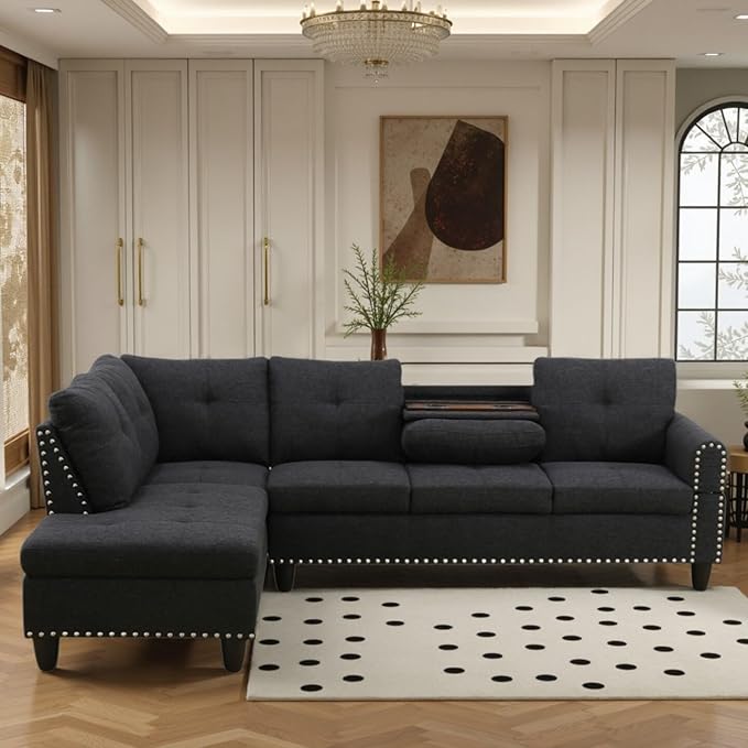 FONTOI L Shaped Sectional Couch Sofa 4-Seat Modern Sectional Sofa with Cup Holders &amp Nail-Head Trim – PU Leather L-Shaped Couch for Living Room Bedroom Apartment Black B