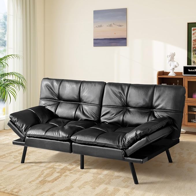 MUUEGM Black Futon Sofa Bed Leather Memory Foam Modern Office Couch Sleeper Bed Convertible Love seat Sofa for Small SpacesApartmentOffice with Adjustable Armrest Backrest