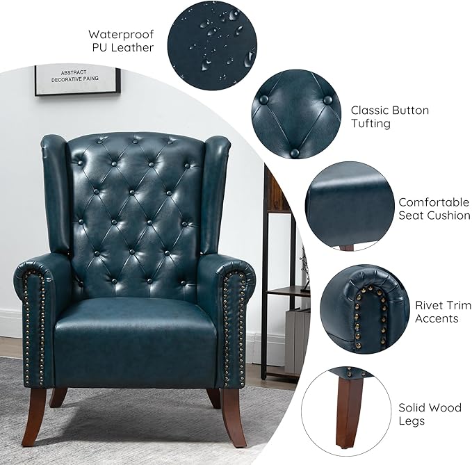 MOJAY Modern PU Leather Accent Chair Living Room Lounge Sofa Chair with Buttons Single Club Armchair with Rivet Trim for Bedroom Home Reception (DarkBlue)