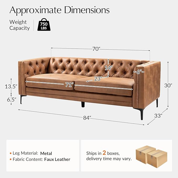 HULALA HOME 84 W Faux Leather Sofa Couch with Metal Legs Button-Tufted 3-Seater Sofa Mid Century Modern Upholstered Couch for Living Room Entertainment Area ApartmentCamel
