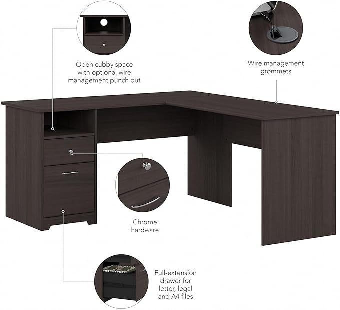 Bush Furniture Cabot 60W L Shaped Computer Desk with Drawers Heather Gray