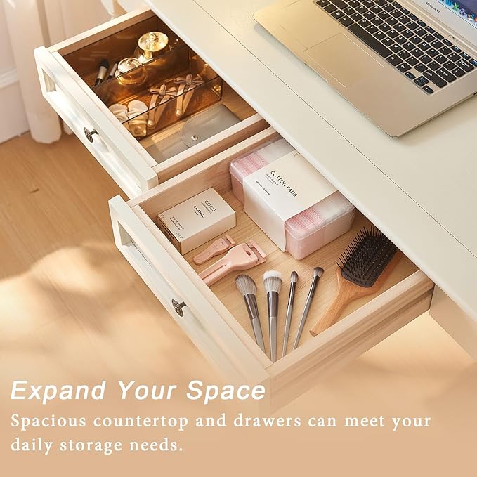 ADORZ 47 White Desk with Drawers French Country Style Solid Wood Desk for Home Office Study Bedroom – Ideal for Makeup Vanity and Storage
