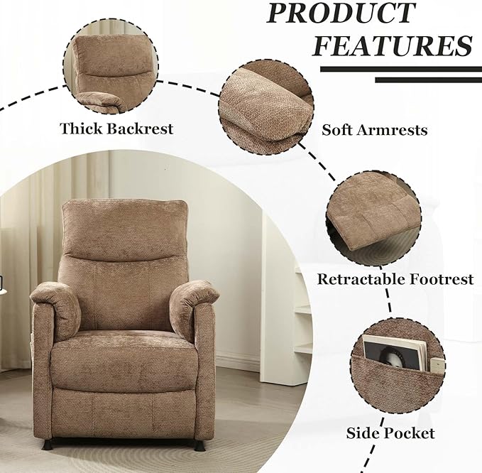 Small Electric Nursery Recliner Chairs for AdultsGrey Power Recliner Chairs with Remote &amp Side Pockets Fabric Reclining Chair for Living Room Bedroom Ofiice Comfort &amp Space-Saving (Brown)