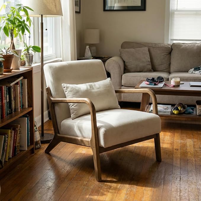 Modern Accent Chair Cotton Linen Fabric Upholstered Lounge Armchair with Solid Wood Frame for Living Room Bedroom Reading Nook (White1)