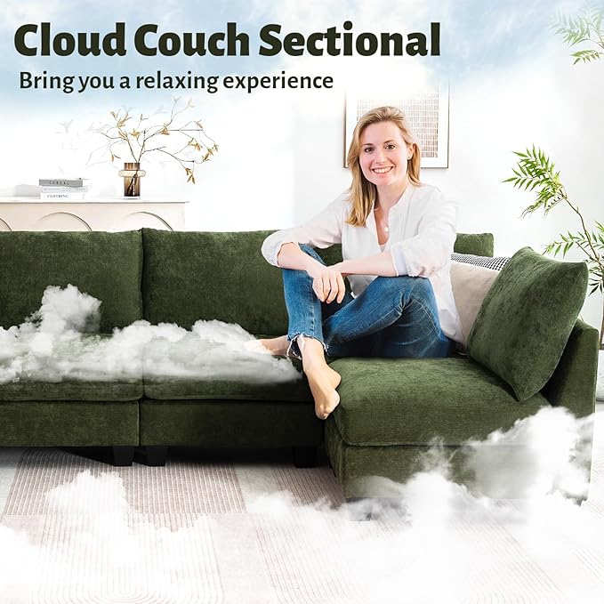 136.4 Modular Sectional Sofa U-Shaped 8 Seater Sectional Sofa with Storage Ottoman Linen L-Shaped Couch Large Cloud Couch with Cup Holders &amp USB for Living Room（Green