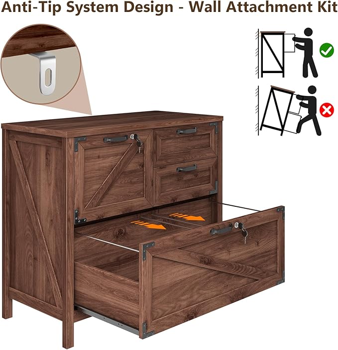 Lateral File Cabinet with 4 Drawers Farmhouse File Cabinet for Letter/Legal/A4 Size Hanging Files Large Wood File Storage Cabinets Printer Stand for Home Office Cabinets Brown with Lock