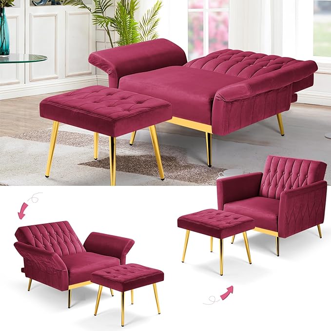 Velvet Accent Chair with Adjustable Armrests and Backrest Button Tufted Lounge Chair Single Recliner Armchair with Ottoman and Pillow for Living Room Bedroom Fuchsia