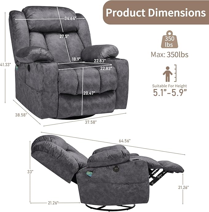 Swivel Rocker Recliner Chair with Heat and Massage Manual Glider Rocking Reclining Chair 360° Swivel Overstuffed Lounge Chair with 2 Cup Holders Side Pockets &amp USB Ports Fabric Grey
