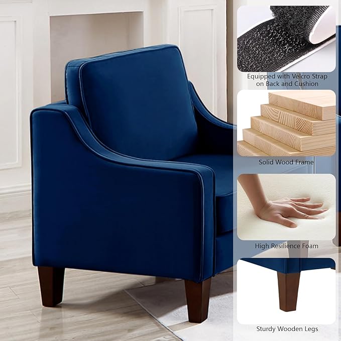 Modern Accent Chair Velvet Upholstered Single Sofa Chair with Wooden Legs Comfy Arm Chair for Living Room Bedroom Navy