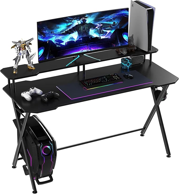 HOMCOM 55 inch Gaming Desk Racing Style Computer Office PC Gamer Workstation with Elevated Monitor Stand Headphone Hook Black