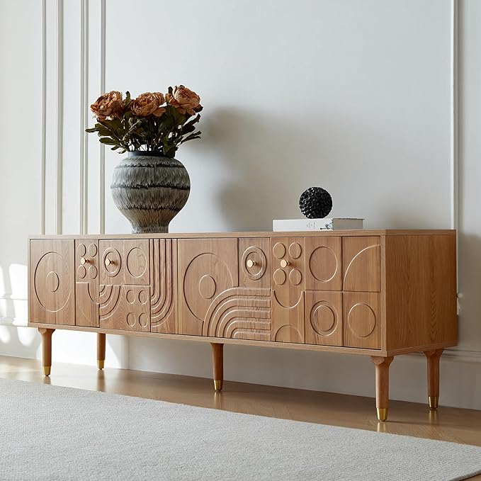 Modern TV Stand for 80 inch TV 70.9 Entertainment Center with Carved Geometric Doors TV Console with 4 Cabinet Storage Retro Art-Inspired Media Console for Living Room/Bedroom - Wood