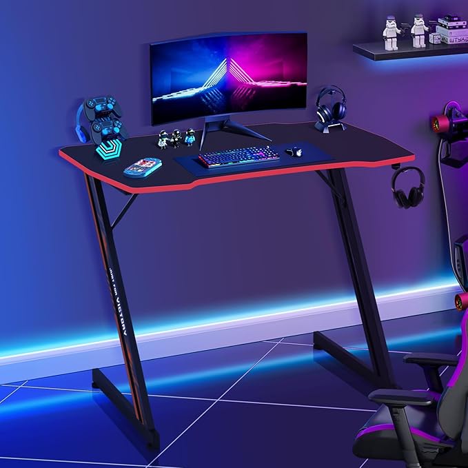 Gaming Desk 35 Inch Z-Shaped Gaming Computer Desk Modern Ergonomic PC Computer Table Home Office Desk Racing Style Gaming Workstation with Headphone Hook Red
