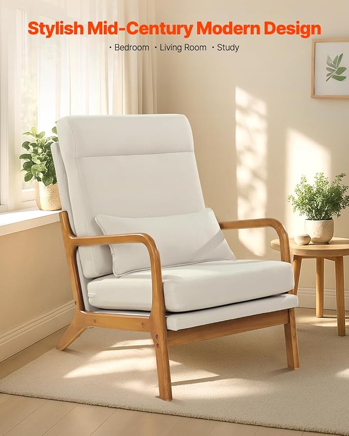 VEVOR Accent Chair High Back Mid Century Modern Armchair with Solid Wood Frame and Non-Slip Legs Upholstered Leisure Chair with Linen Fabric and 5.3 in Thickened Cushion for Living Room Bedroom