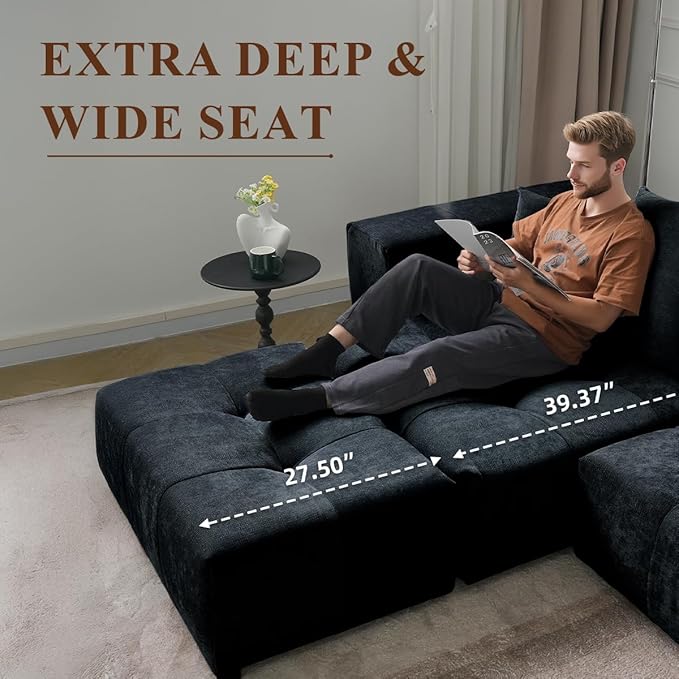 104 Love Seat Couch with Chaise Ottomans Modular Sectional Sofa Cloud Couch with Deep Seats Breathable Linen Fabric Sectional Couches for Living Room/Bedroom/Apartment Simple Assembly Black