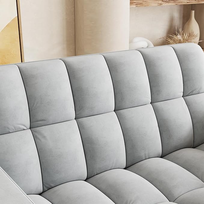 65 Modern Velvet Double Sofa 3 in 1 Foldable Computer Desk Sofa Bed with Adjustable Backrest Storage Bag and Pillow Hidden Living Room Laptop Desk with USB Port (Light Gray)