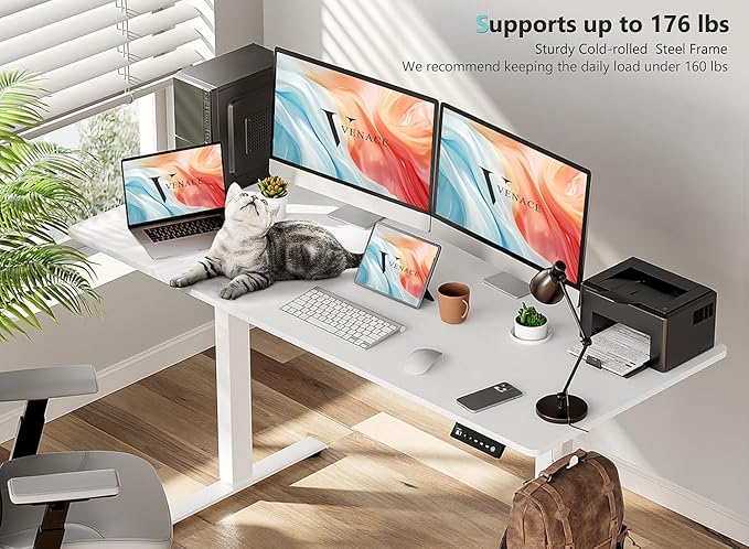 55 x 24 Inch Electric Standing Desk with 4 Wheels Height Adjustable Desk for Home Office Sit Stand Desk with 4 Memory Presets Headphone Hooks and Cable Clips Splice Board White