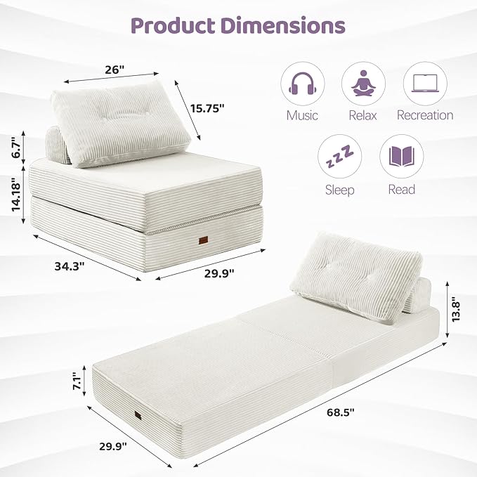 Folding Sofa Bed Chair Sleeper Chair for Adults with High-Density Foam and PillowPortable 3 in 1Folding Chair Bed for Living Room、Apartment 、HotelSingle Creamy Apricot