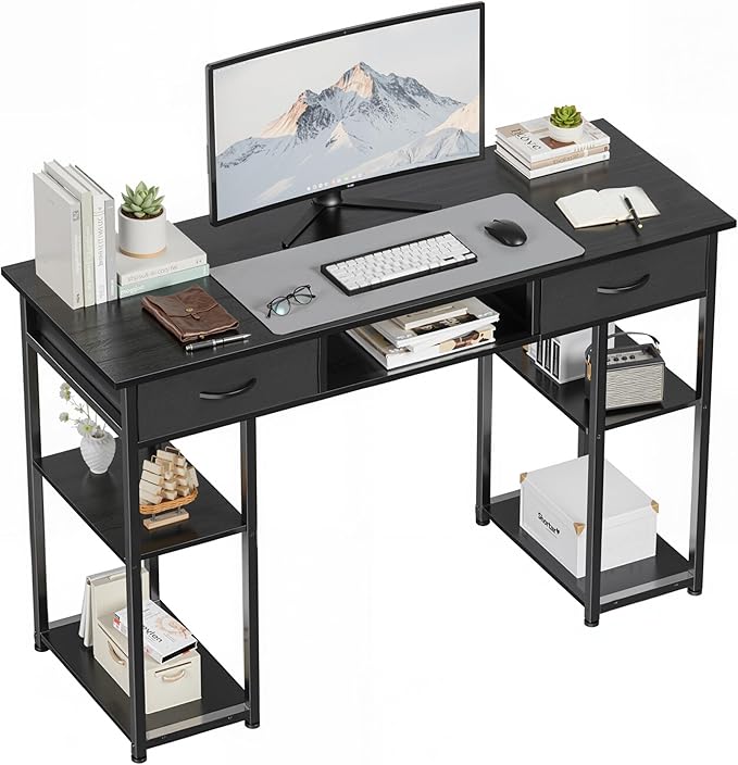 OLIXIS Desk with Storage Fabric Drawers-48 Inch Home Office Computer Desk for Small Space BedroomModern Study Work Gaming Writing Table PC DesksChic Black